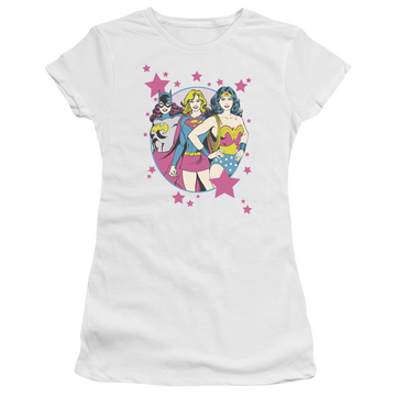 White juniors t-shirt with Justice League DC Comics We Are Superior graphic