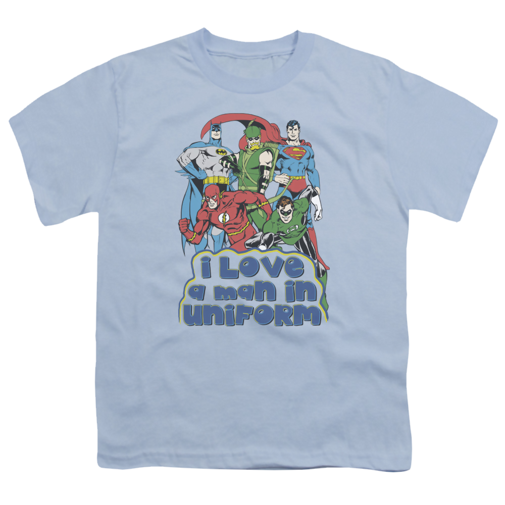 Justice League I Love A Man In Uniform - Youth T-Shirt Youth T-Shirt (Ages 8-12) Justice League