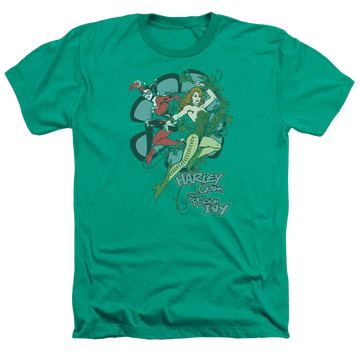 Kelly green men's heather t-shirt with Harley Quinn DC Comics Harley And Ivy graphic