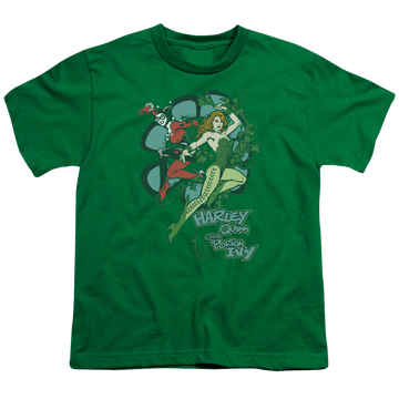 Kelly green youth t-shirt for ages 8 to 12 with Harley Quinn Harley And Ivy graphic