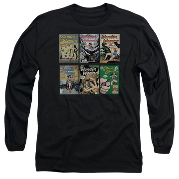 Black men's long sleeve t-shirt with Wonder Woman DC Comics Ww Covers graphic