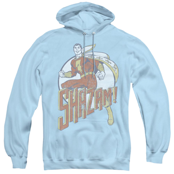 Light blue pullover hoodie with Shazam Stepping Out graphic