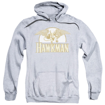 Athletic heather pullover hoodie with Hawkman Fly By graphic