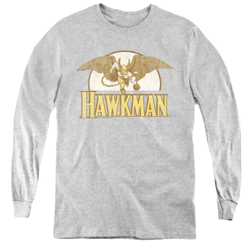 Athletic heather youth long sleeve t-shirt with Hawkman Fly By graphic