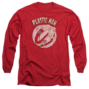 Red men's long sleeve t-shirt with Plastic Man DC Comics Bounce graphic