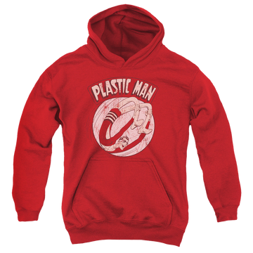 Red youth hoodie for ages 8 to 12 with Plastic Man Bounce graphic