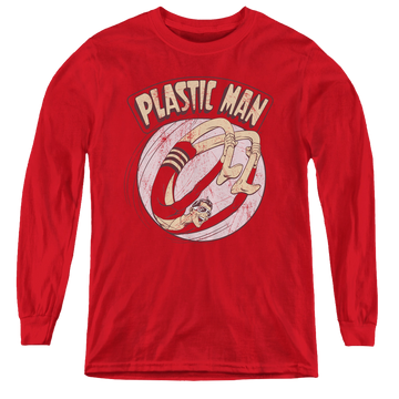 Red youth long sleeve t-shirt with Plastic Man Bounce graphic