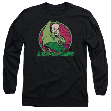 Black men's long sleeve t-shirt with DC Comics Lex Luthor graphic