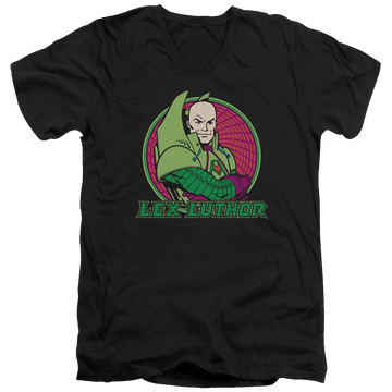 Black men's v-neck t-shirt with DC Comics Lex Luthor graphic