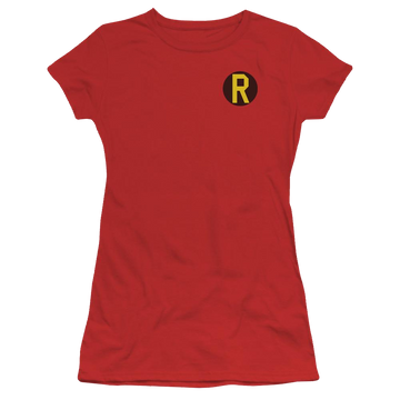 Red juniors t-shirt with Batman DC Comics Robin Logo graphic