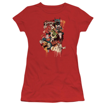 Red juniors t-shirt with Justice League DC Comics Dripping Characters graphic