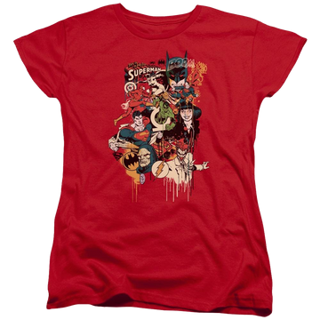 Red women's t-shirt with Justice League DC Comics Dripping Characters graphic