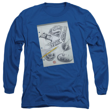 Royal men's long sleeve t-shirt with Justice League DC Comics Logo Note Paper graphic
