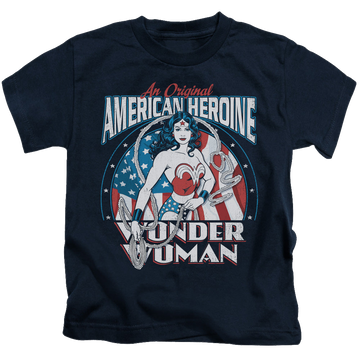 Navy kid's t-shirt for ages 4 to 7 with Wonder Woman American Heroine graphic