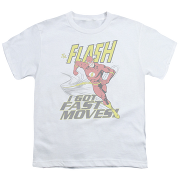 White youth t-shirt for ages 8 to 12 with The Flash Fast Moves graphic