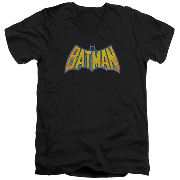 Black men's v-neck t-shirt with DC Comics Batman Neon Distress Logo graphic