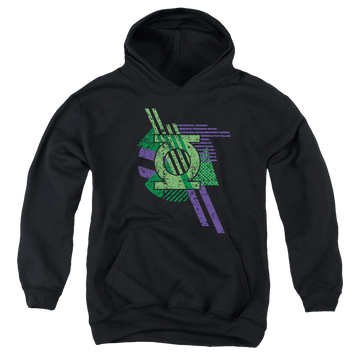Black youth hoodie for ages 8 to 12 with Green Lantern Lantern Shapes graphic