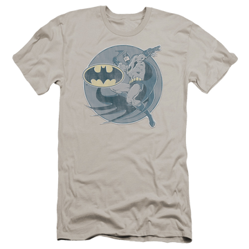 Silver men's premium slim fit t-shirt with DC Comics Retro Batman Iron On graphic