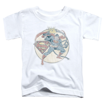 White kid's t-shirt for ages 4 to 7 with Retro Superman Iron On graphic