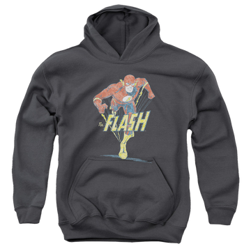Charcoal youth hoodie for ages 8 to 12 with The Flash Desaturated Flash graphic