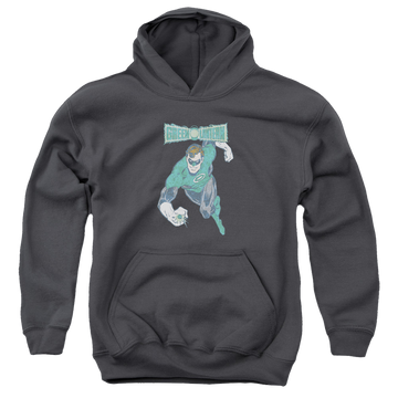 Charcoal youth hoodie for ages 8 to 12 with Desaturated Green Lantern graphic