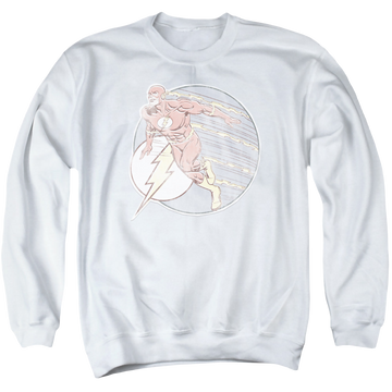 White men's crewneck sweatshirt with The Flash Retro Flash Iron On graphic