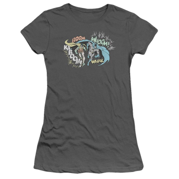 Charcoal juniors t-shirt with Batman DC Comics Action Duo graphic