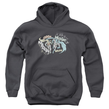 Charcoal youth hoodie for ages 8 to 12 with Batman Robin Action Duo graphic