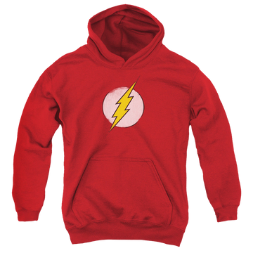 Red youth hoodie for ages 8 to 12 with The Flash Rough Flash Logo graphic