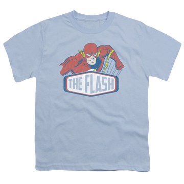 Light blue youth t-shirt for ages 8 to 12 with Flash Sign graphic