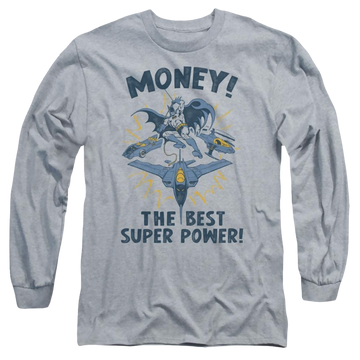 Athletic heather men's long sleeve t-shirt with Batman DC Comics Money graphic