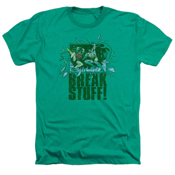 Kelly green men's heather t-shirt with Batman DC Comics Break Stuff graphic