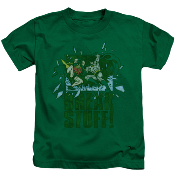 Kelly green kid's t-shirt for ages 4 to 7 with Batman Robin Break Stuff graphic