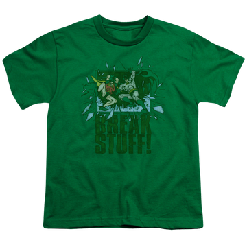 Kelly green youth t-shirt for ages 8 to 12 with Batman Robin Break Stuff graphic