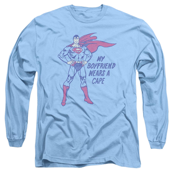 Carolina blue men's long sleeve t-shirt with Superman DC Comics Wears A Cape graphic