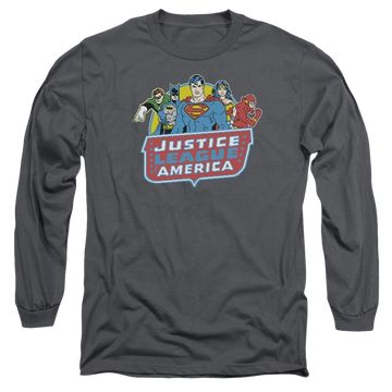 Charcoal men's long sleeve t-shirt with Justice League DC Comics 8 Bit League graphic