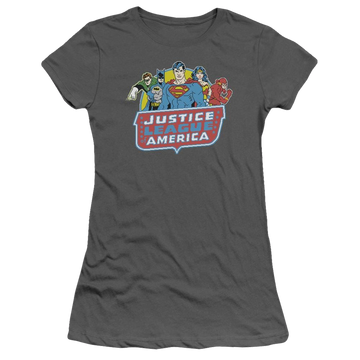 Charcoal juniors t-shirt with Justice League DC Comics 8 Bit League graphic