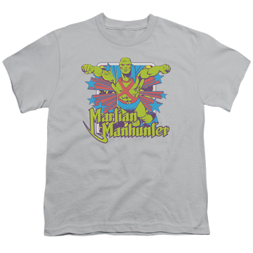 Silver youth t-shirt for ages 8 to 12 with Martian Manhunter Manhunter Stars graphic