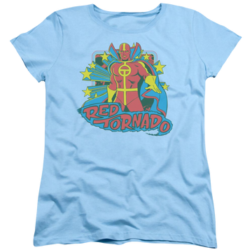 Light blue women's t-shirt with DC Comics Red Tornado Stars graphic