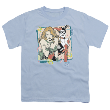Light blue youth t-shirt for ages 8 to 12 with Harley Quinn Totally Harvey & Ivy graphic