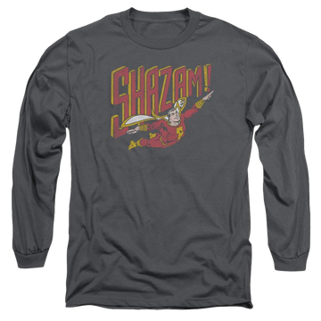Charcoal men's long sleeve t-shirt with Shazam DC Comics Retro Marvel graphic