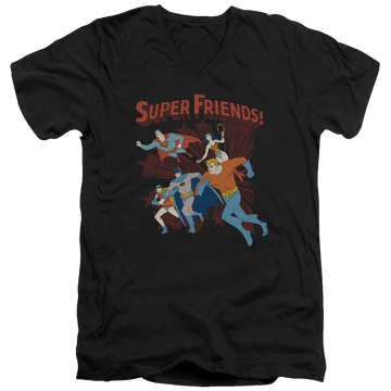 Black men's v-neck t-shirt with DC Comics Super Running graphic