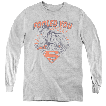 Athletic heather youth long sleeve t-shirt with Superman Fooled You graphic