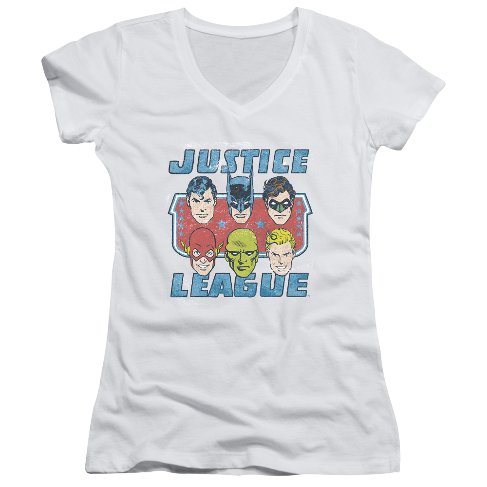 DC Comics Faces Of Justice - Juniors V-Neck T-Shirt Juniors V-Neck T-Shirt Justice League