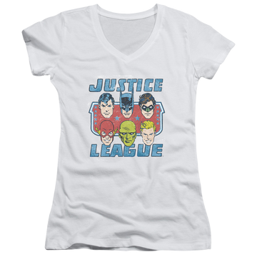 DC Comics Faces Of Justice - Juniors V-Neck T-Shirt Juniors V-Neck T-Shirt Justice League