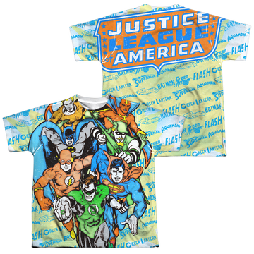 Justice League Follow The Leader youth all-over print t-shirt for ages 8 to 12