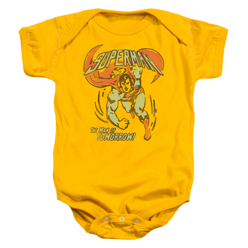 Gold baby bodysuit with Superman Tomorrow Man graphic