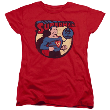 Red women's t-shirt with DC Comics Superman 64 graphic
