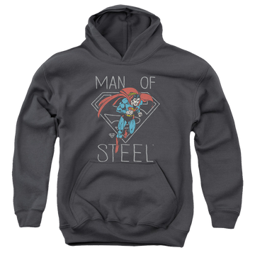 Charcoal youth hoodie for ages 8 to 12 with Superman Hardened Heart graphic