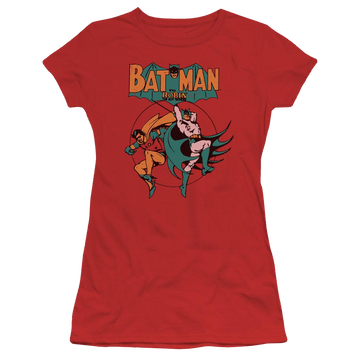 Red juniors t-shirt with Batman DC Comics Starling Shock graphic